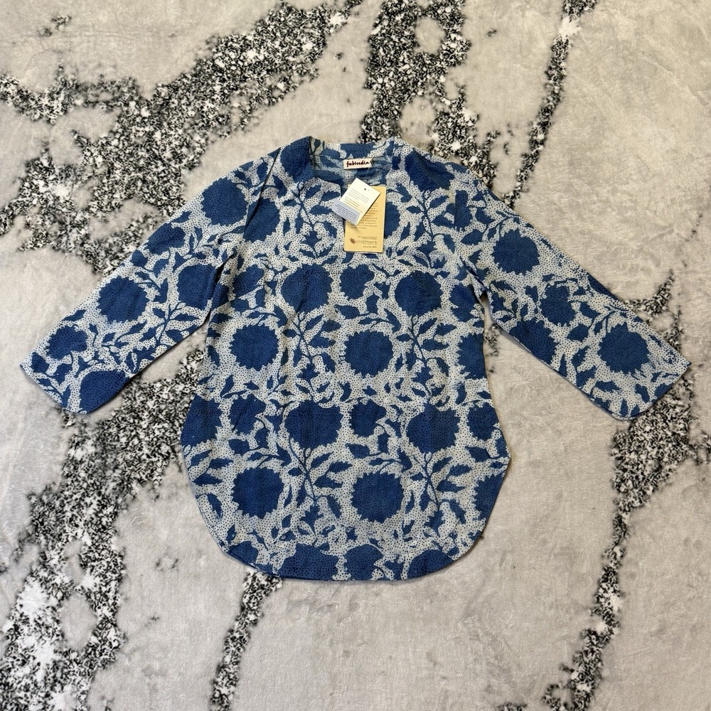 FabIndia Top Womens Size XS Blue‎ Handblock Print Tunic 100% Cotton 3/4 Sleeve